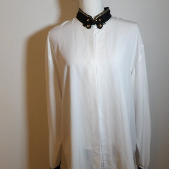 TESS Tops - Tess Vintage Dressy Blouse Button Front Sz L High Neck Long Sleeve Shoulder Pads